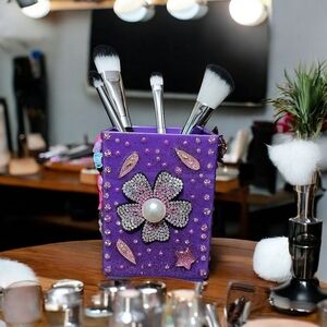 Makeup Brush Acrylic Holder Cup Organizer Purple Fancy Custom Bling Rhinestones